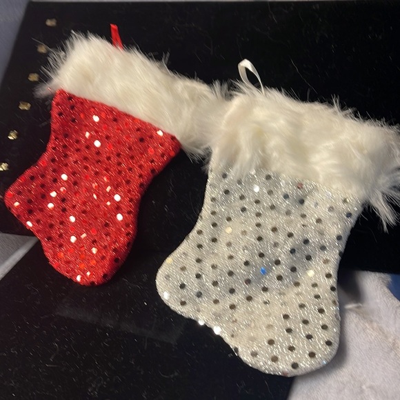 Mini Stockings - Sparkle Red & Silver w/Faux Fur at the top & ribbon for hanging - Picture 2 of 5